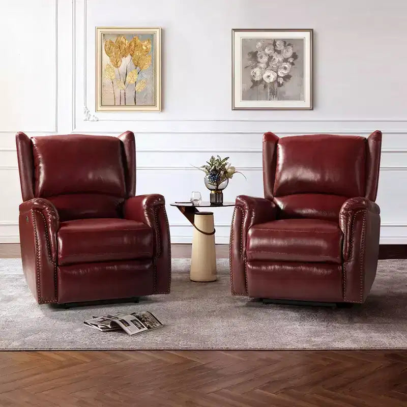 Genuine Leather Power Recliner with Wingback Design, Set of 2