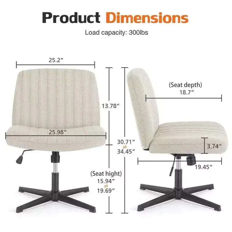 26'' Wide Seat Armless Office Chair with 360 Swivel, Height Adjustment & Rocking Function – No Wheels