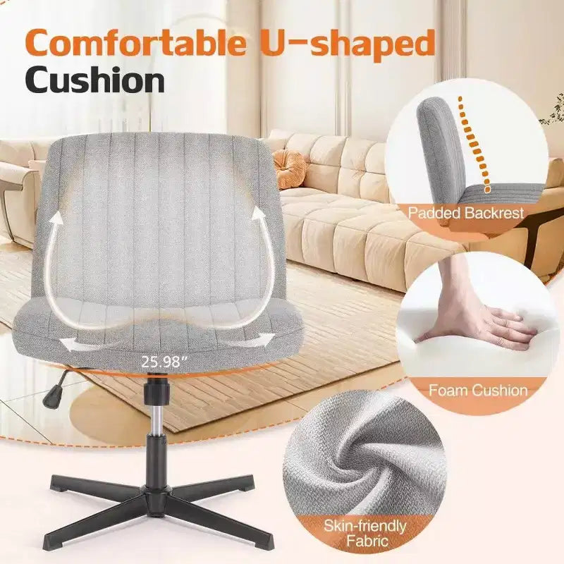 26'' Wide Seat Armless Office Chair with 360 Swivel, Height Adjustment & Rocking Function – No Wheels