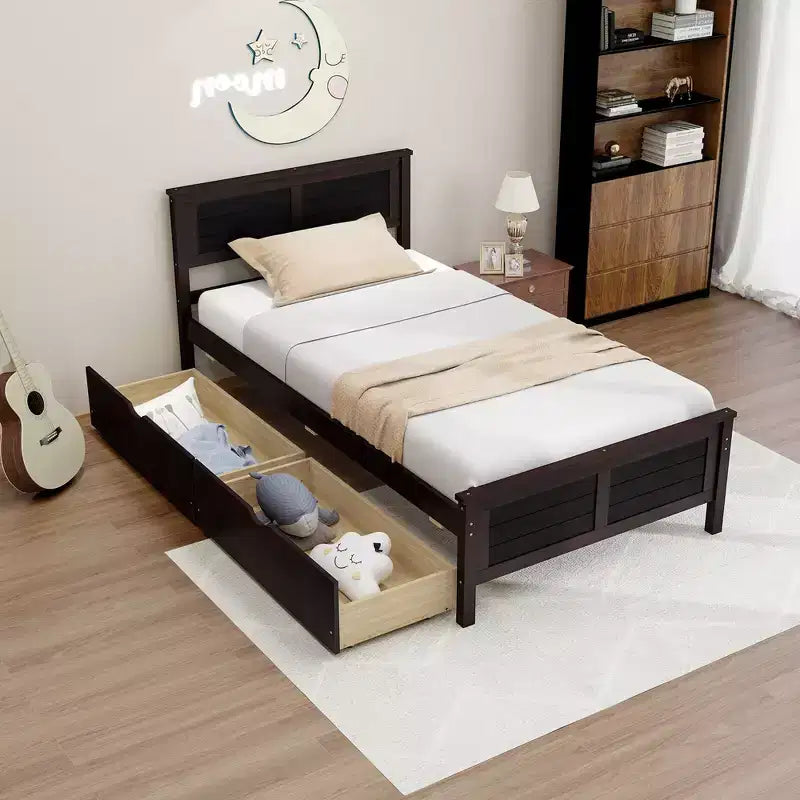 Twin Size Wooden Platform Bed Frame with 2 Storage Drawers - Espresso