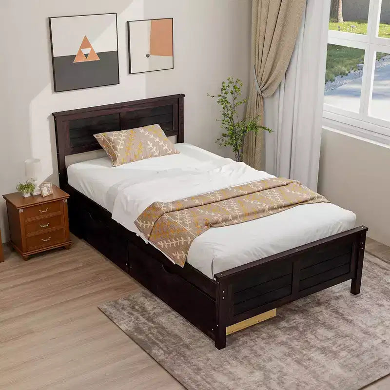 Twin Size Wooden Platform Bed Frame with 2 Storage Drawers - Espresso
