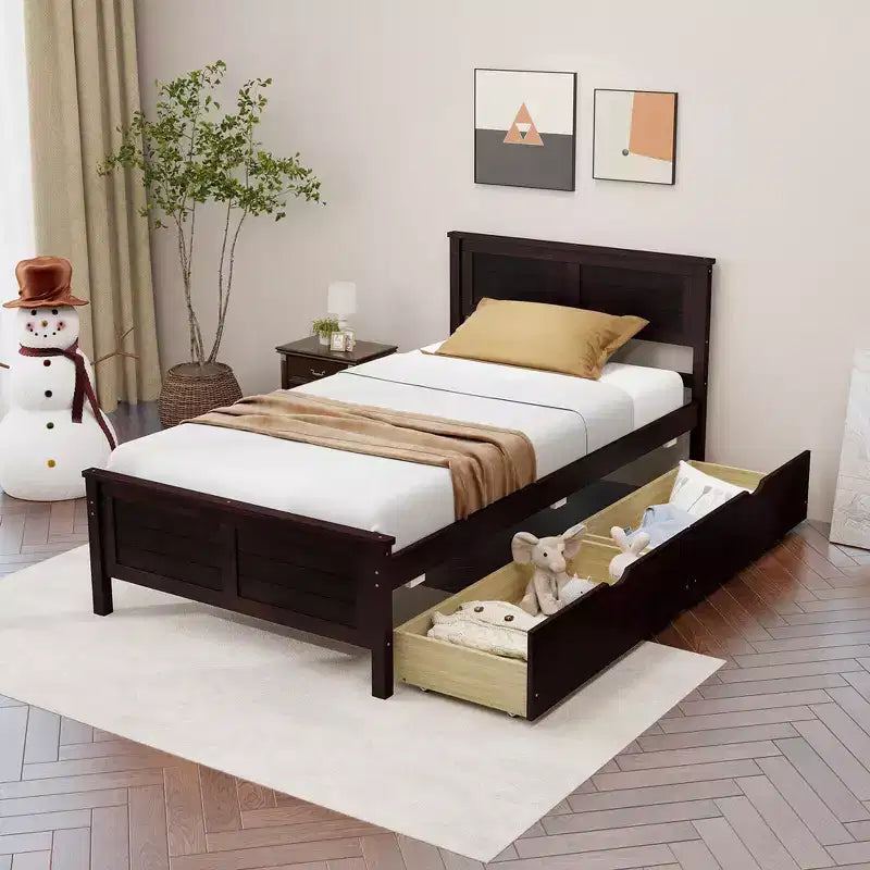 Twin Size Wooden Platform Bed Frame with 2 Storage Drawers - Espresso