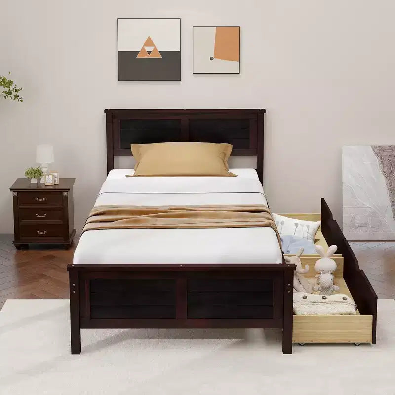 Twin Size Wooden Platform Bed Frame with 2 Storage Drawers - Espresso
