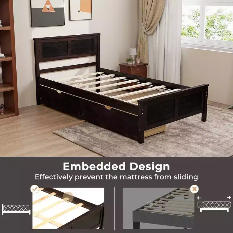 Twin Size Wooden Platform Bed Frame with 2 Storage Drawers - Espresso