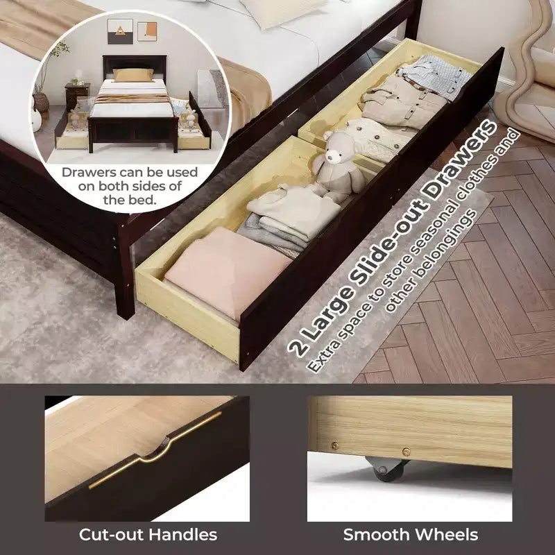 Twin Size Wooden Platform Bed Frame with 2 Storage Drawers - Espresso