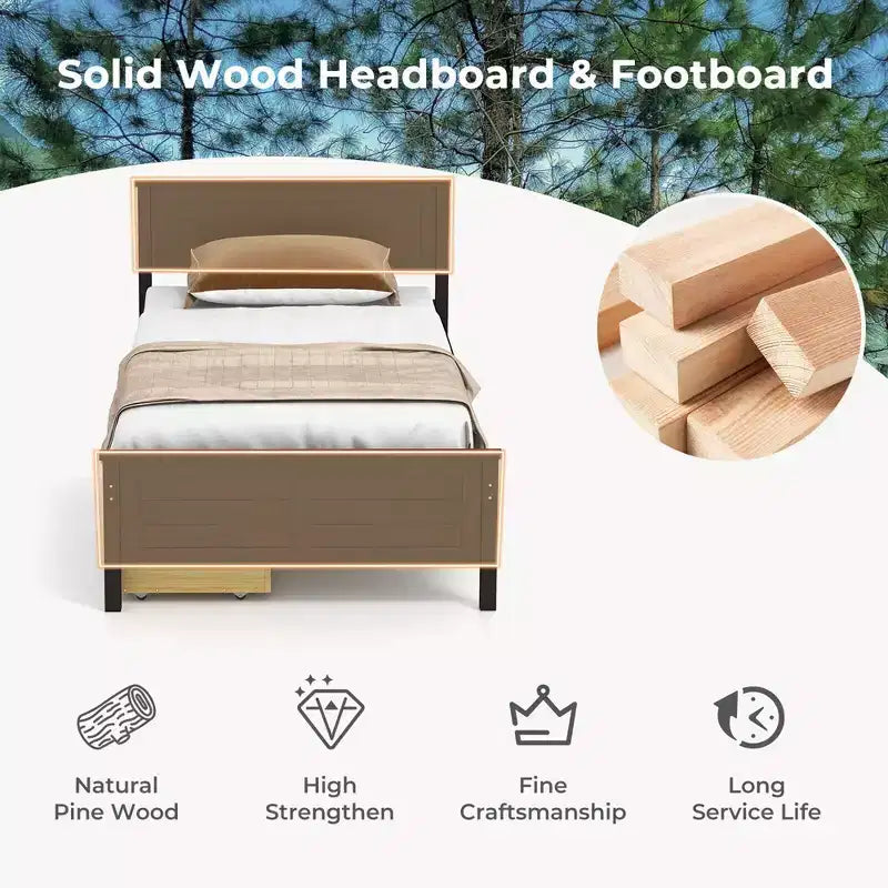 Twin Size Wooden Platform Bed Frame with 2 Storage Drawers - Espresso