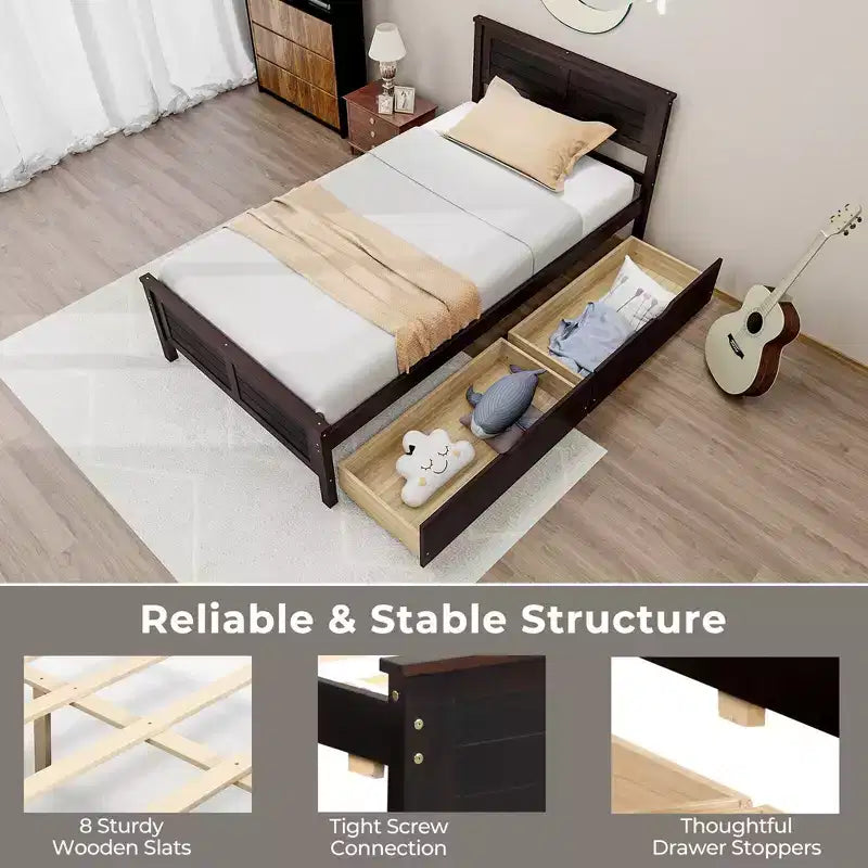 Twin Size Wooden Platform Bed Frame with 2 Storage Drawers - Espresso