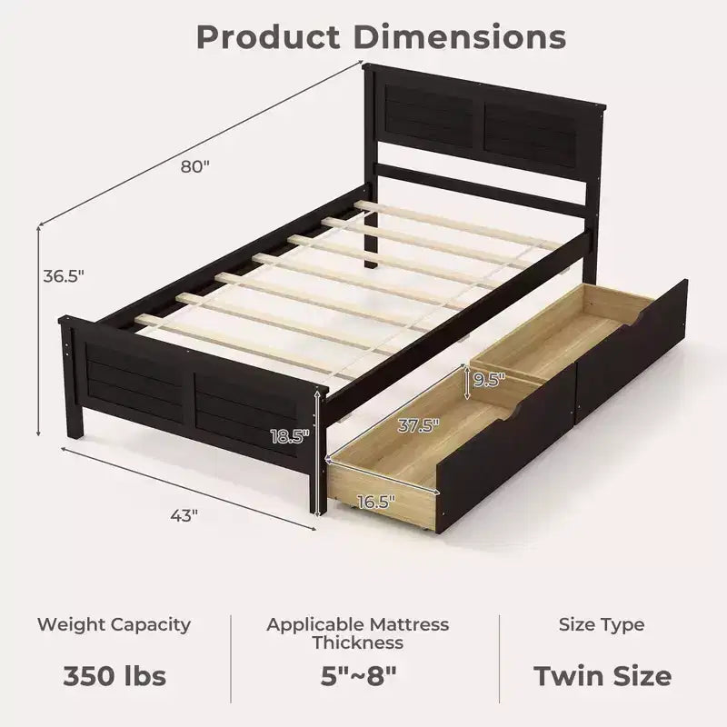 Twin Size Wooden Platform Bed Frame with 2 Storage Drawers - Espresso
