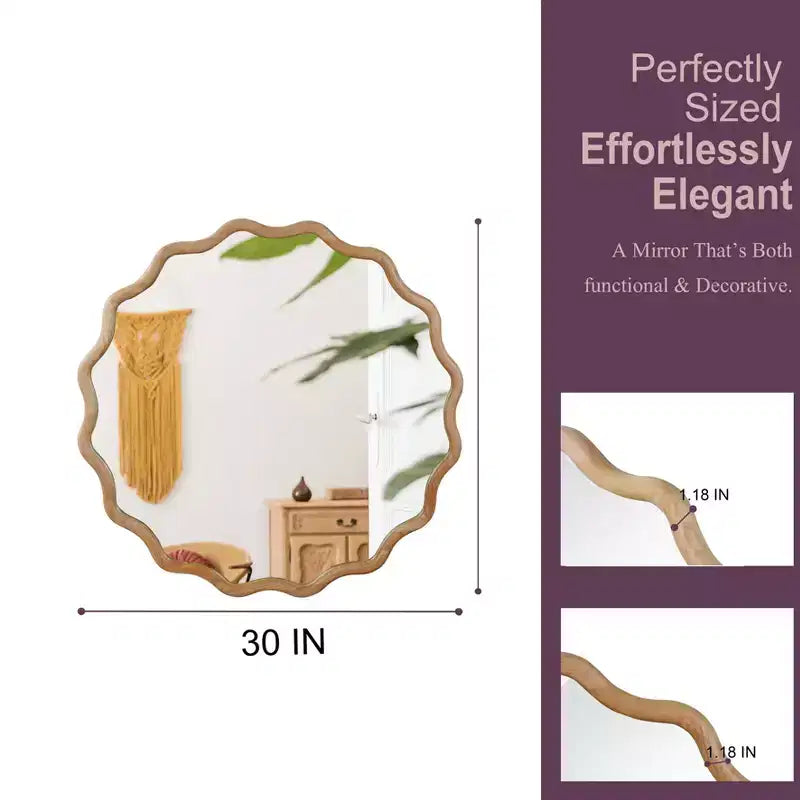 30" Wavy Round Decorative Mirror with Solid Wood Frame