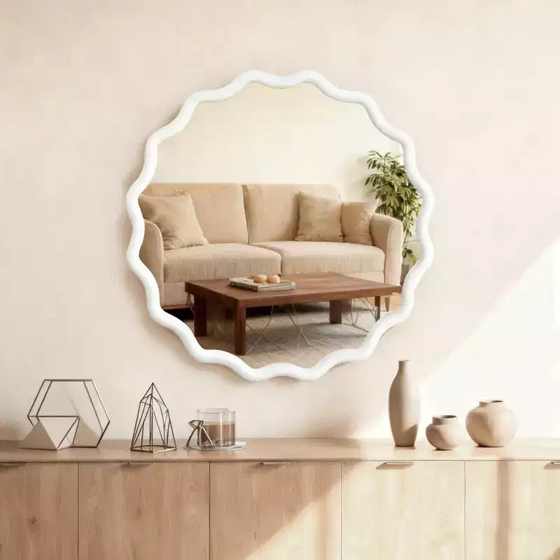 30" Wavy Round Decorative Mirror with Solid Wood Frame