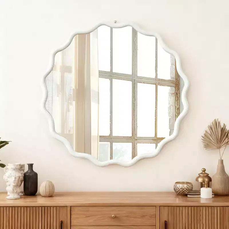 30" Wavy Round Decorative Mirror with Solid Wood Frame