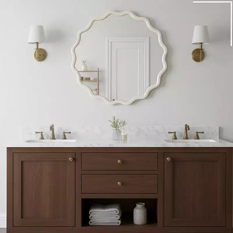 30" Wavy Round Decorative Mirror with Solid Wood Frame