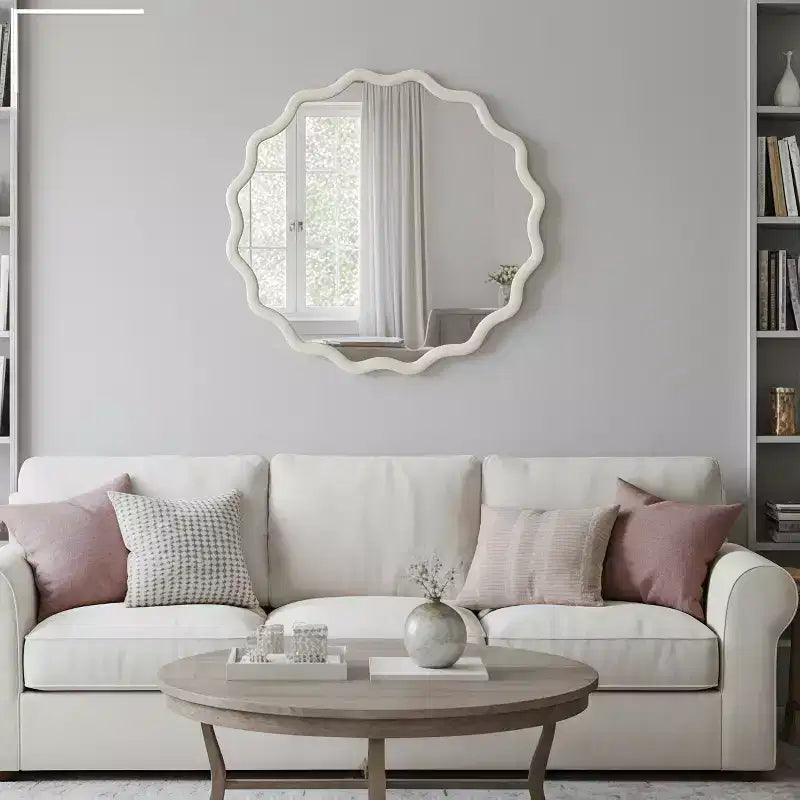 30" Wavy Round Decorative Mirror with Solid Wood Frame