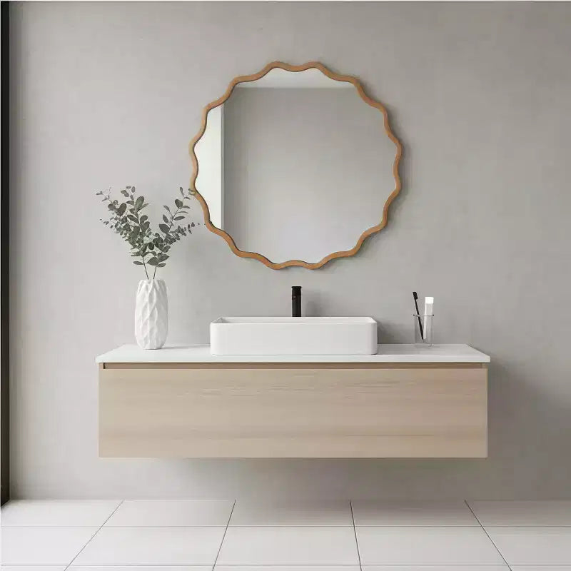 30" Wavy Round Decorative Mirror with Solid Wood Frame
