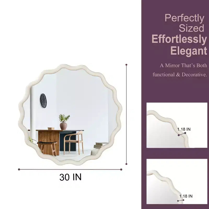 30" Wavy Round Decorative Mirror with Solid Wood Frame