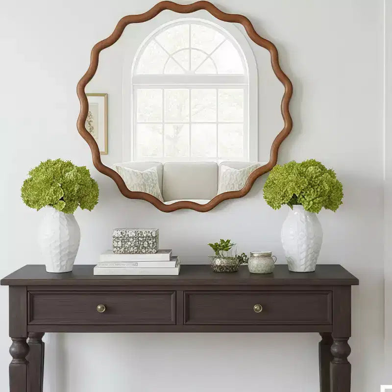30" Wavy Round Decorative Mirror with Solid Wood Frame