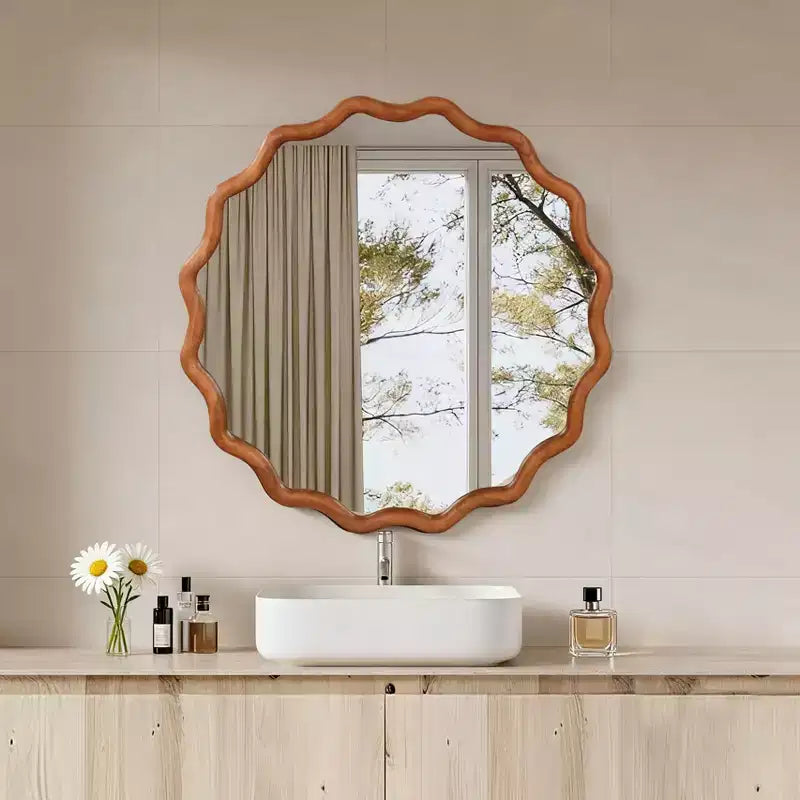 30" Wavy Round Decorative Mirror with Solid Wood Frame