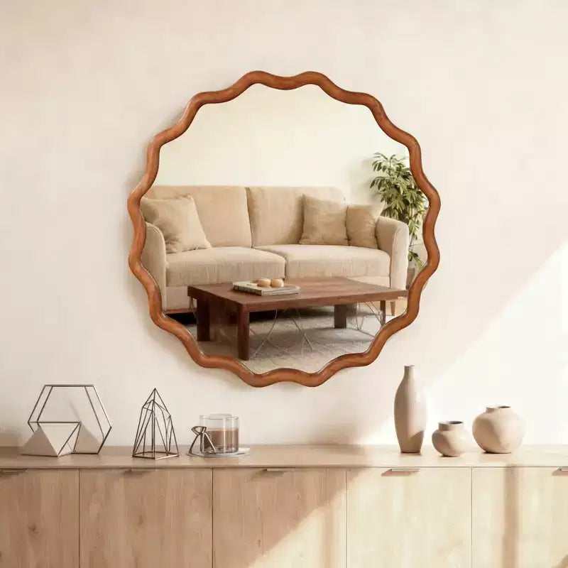 30" Wavy Round Decorative Mirror with Solid Wood Frame