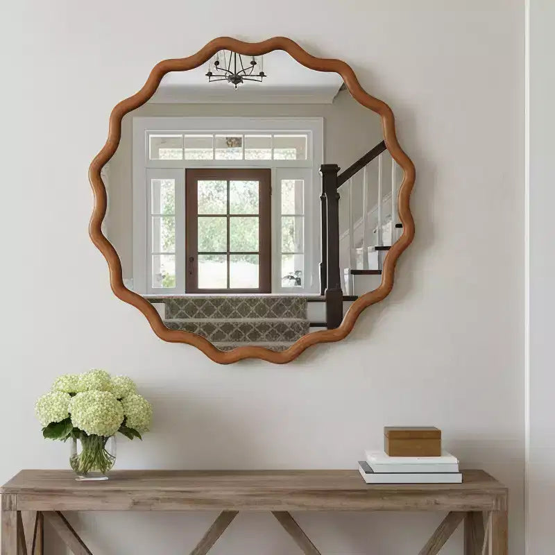 30" Wavy Round Decorative Mirror with Solid Wood Frame