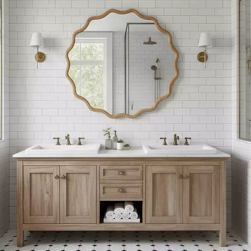 30" Wavy Round Decorative Mirror with Solid Wood Frame