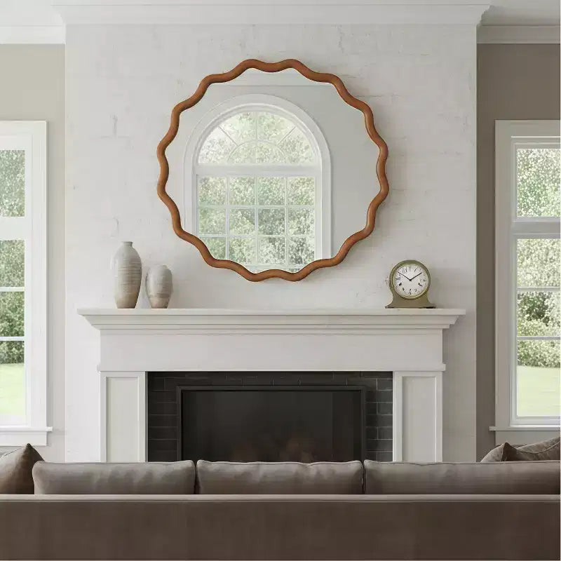 30" Wavy Round Decorative Mirror with Solid Wood Frame