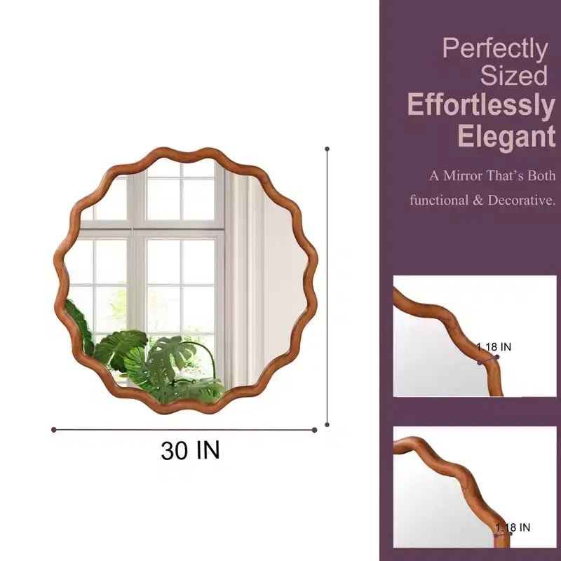 30" Wavy Round Decorative Mirror with Solid Wood Frame