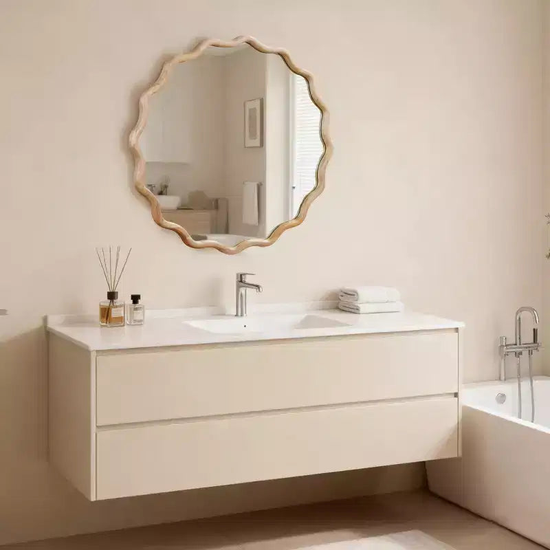 30" Wavy Round Decorative Mirror with Solid Wood Frame