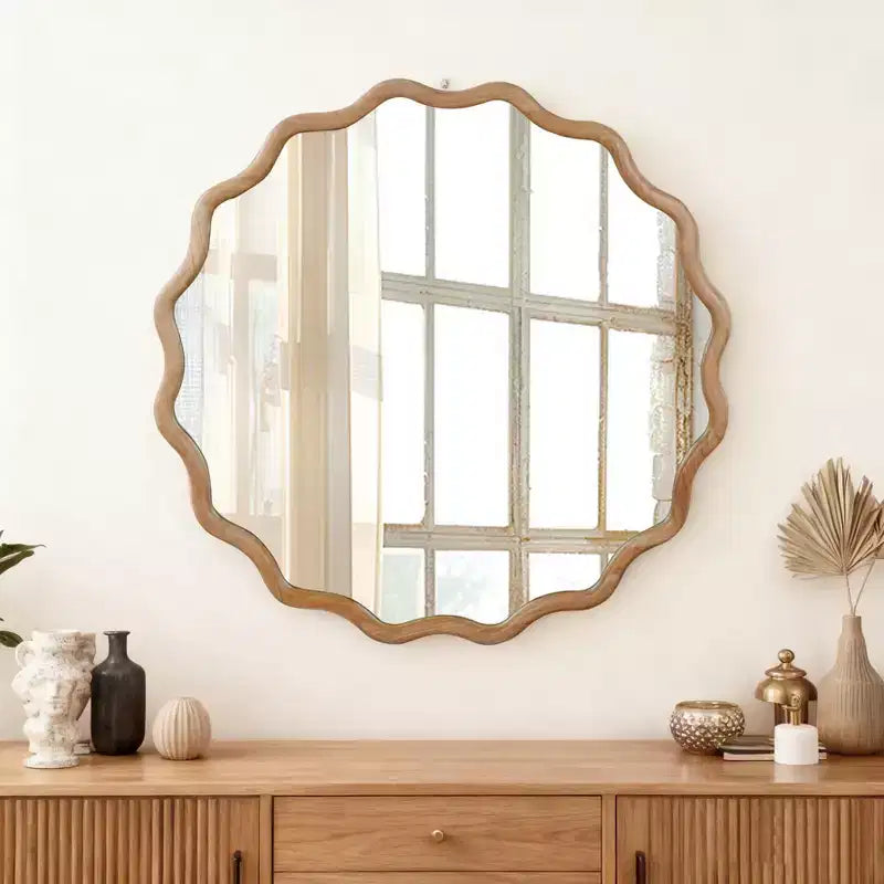 30" Wavy Round Decorative Mirror with Solid Wood Frame