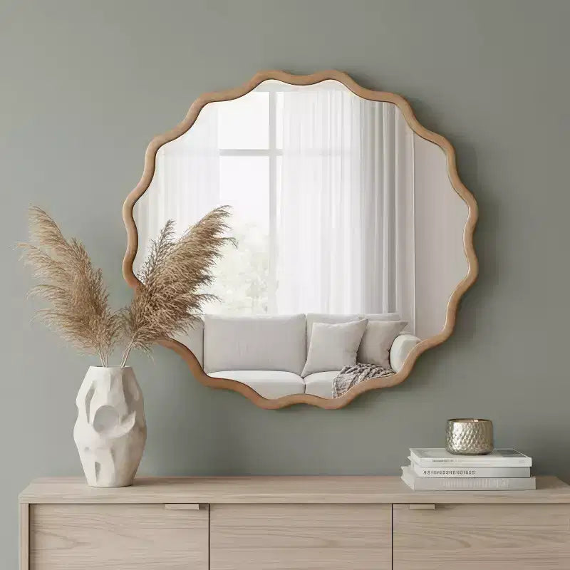 30" Wavy Round Decorative Mirror with Solid Wood Frame
