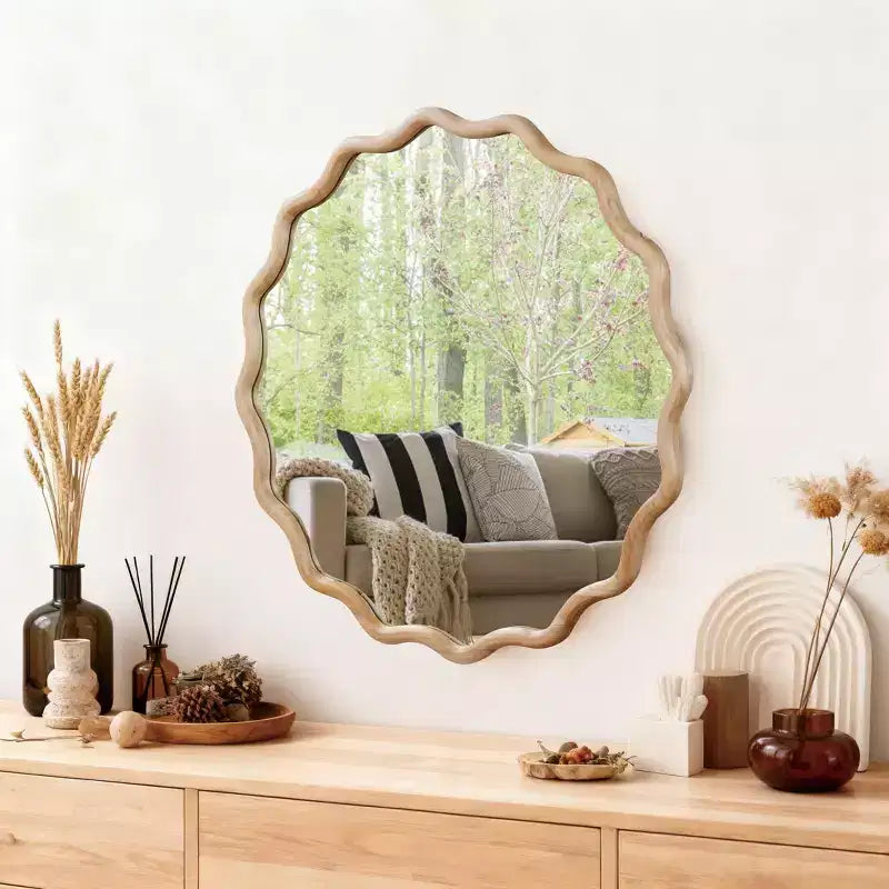 30" Wavy Round Decorative Mirror with Solid Wood Frame