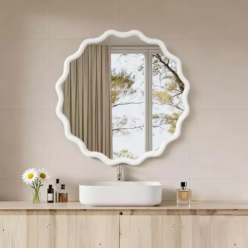 30" Wavy Round Decorative Mirror with Solid Wood Frame