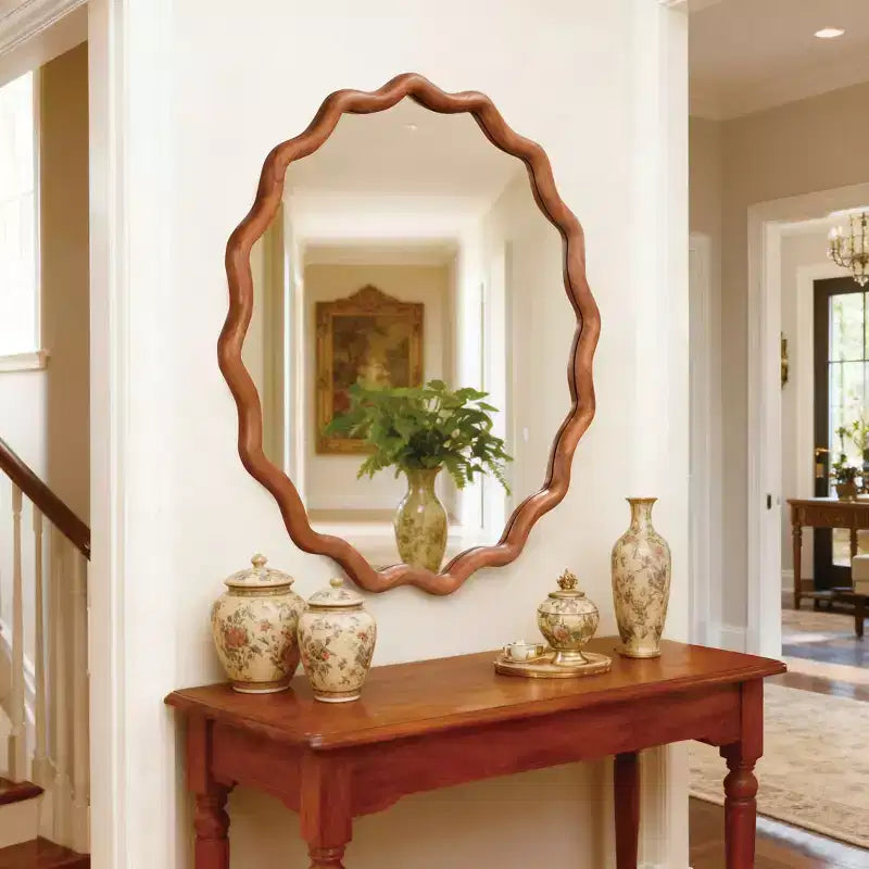 30" Wavy Round Decorative Mirror with Solid Wood Frame