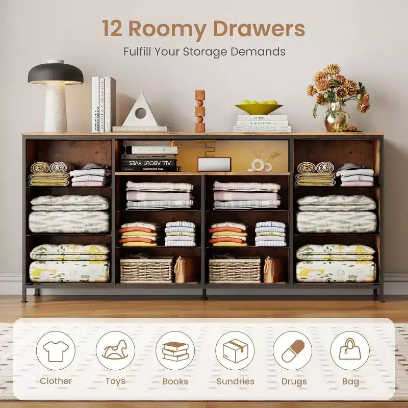 63-Inch TV Stand with 12 Drawers, Power Outlets, LED Lighting and Open Shelves