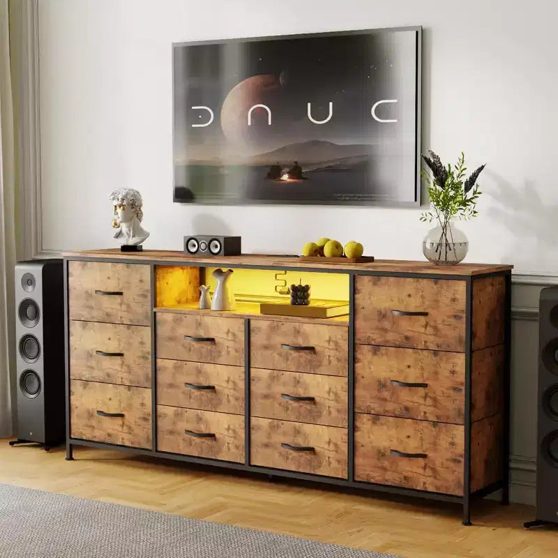 63-Inch TV Stand with 12 Drawers, Power Outlets, LED Lighting and Open Shelves