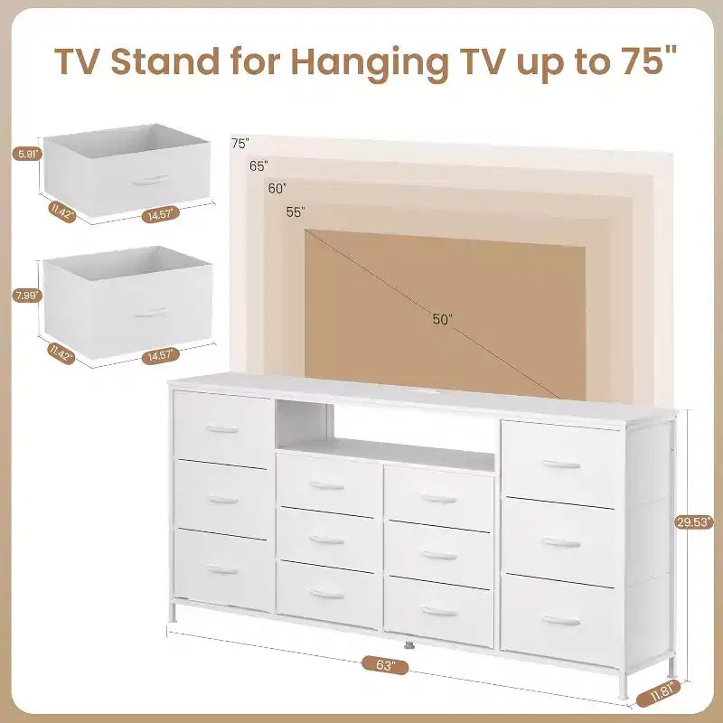 63-Inch TV Stand with 12 Drawers, Power Outlets, LED Lighting and Open Shelves