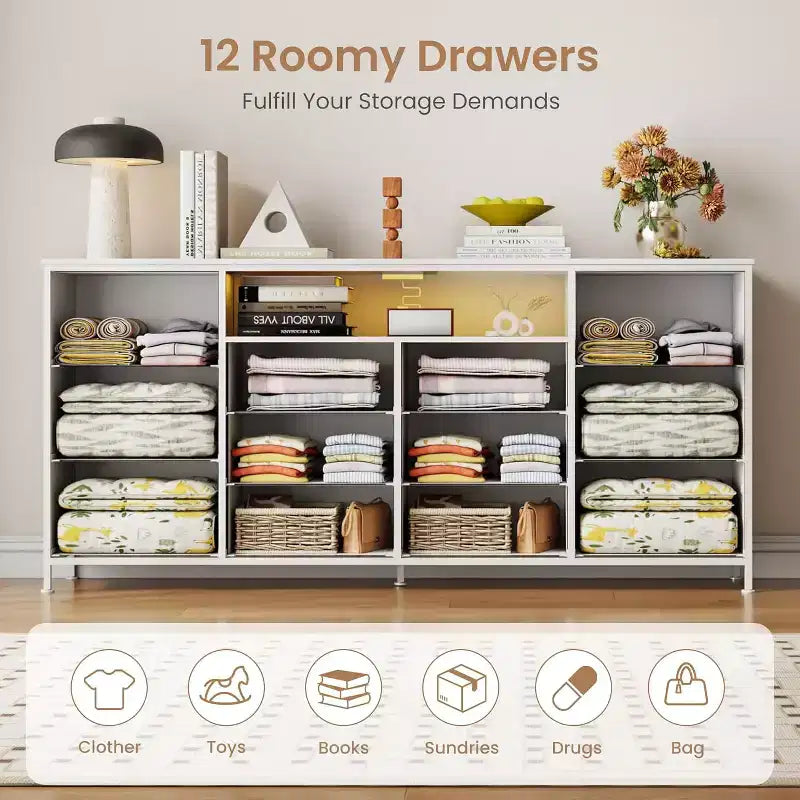 63-Inch TV Stand with 12 Drawers, Power Outlets, LED Lighting and Open Shelves