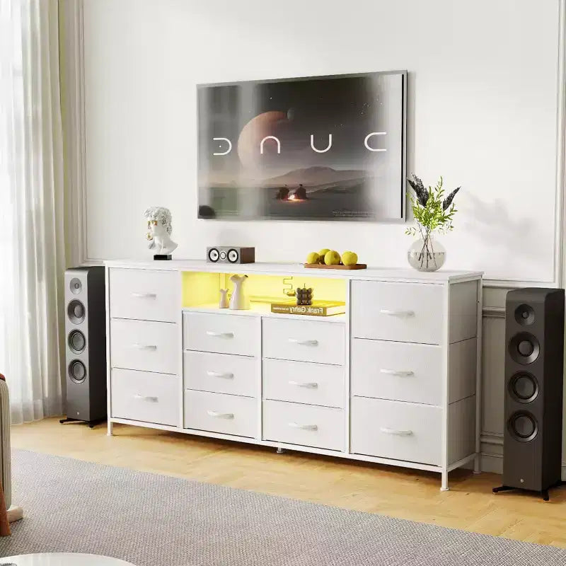63-Inch TV Stand with 12 Drawers, Power Outlets, LED Lighting and Open Shelves