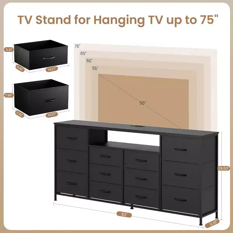 63-Inch TV Stand with 12 Drawers, Power Outlets, LED Lighting and Open Shelves