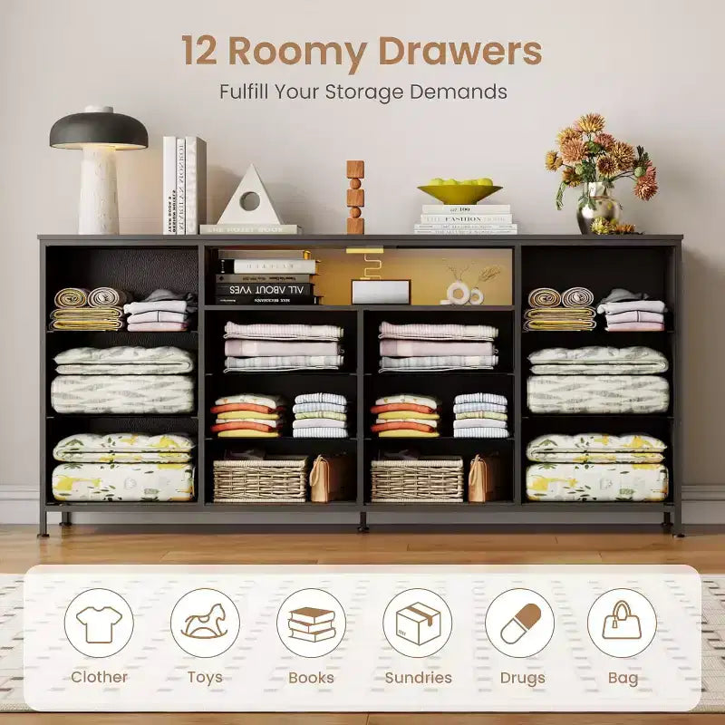 63-Inch TV Stand with 12 Drawers, Power Outlets, LED Lighting and Open Shelves