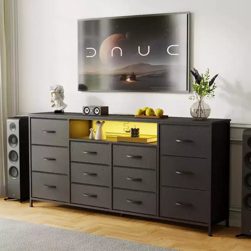 63-Inch TV Stand with 12 Drawers, Power Outlets, LED Lighting and Open Shelves