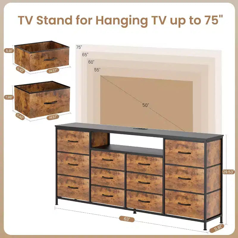 63-Inch TV Stand with 12 Drawers, Power Outlets, LED Lighting and Open Shelves