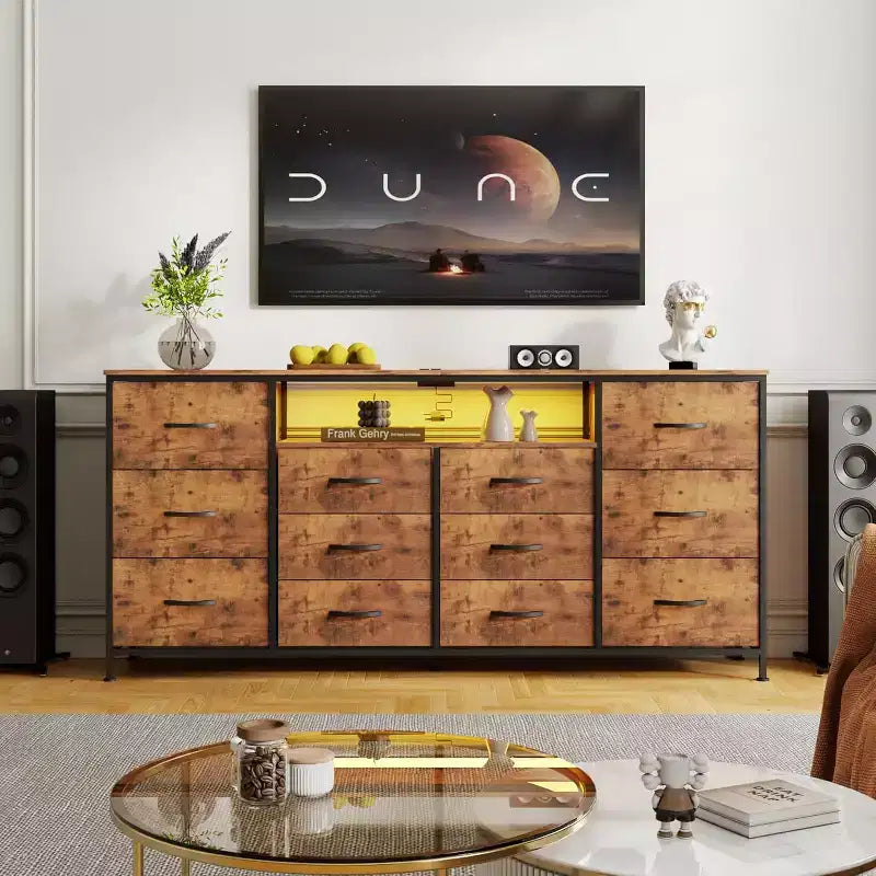 63-Inch TV Stand with 12 Drawers, Power Outlets, LED Lighting and Open Shelves