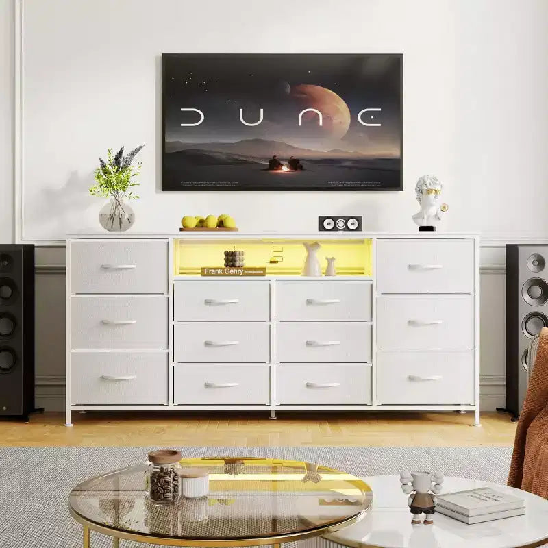 63-Inch TV Stand with 12 Drawers, Power Outlets, LED Lighting and Open Shelves