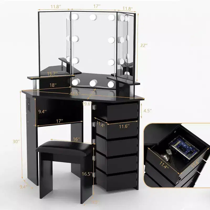 Corner Vanity Desk with Lighted Mirror, Drawers, and Power Outlet