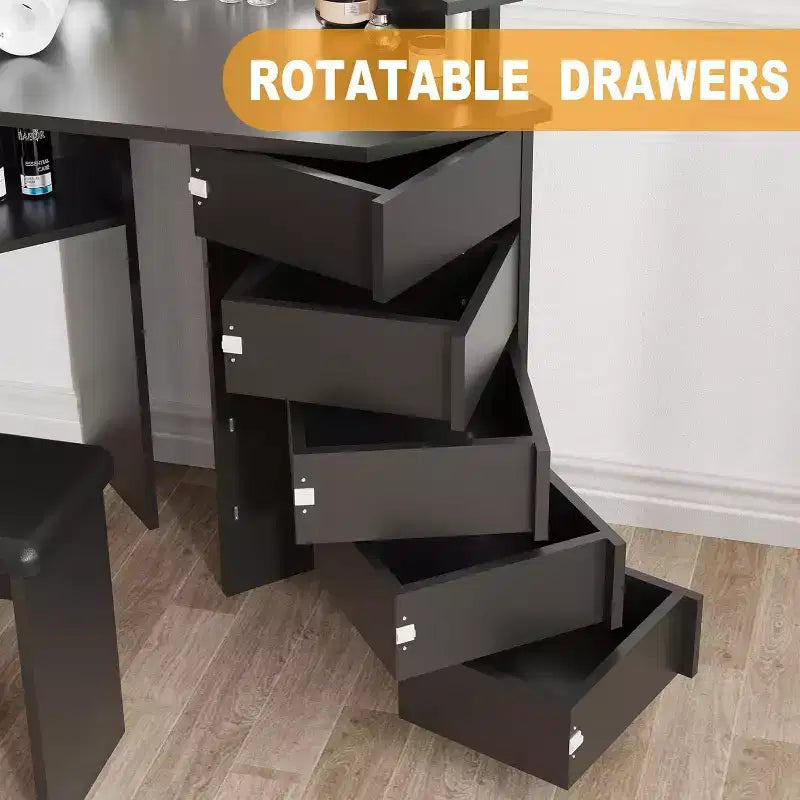 Corner Vanity Desk with Lighted Mirror, Drawers, and Power Outlet