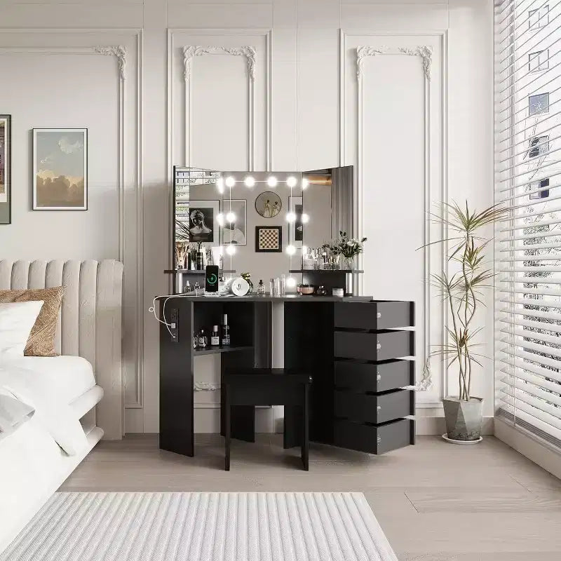 Corner Vanity Desk with Lighted Mirror, Drawers, and Power Outlet