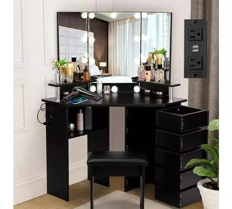 Corner Vanity Desk with Lighted Mirror, Drawers, and Power Outlet