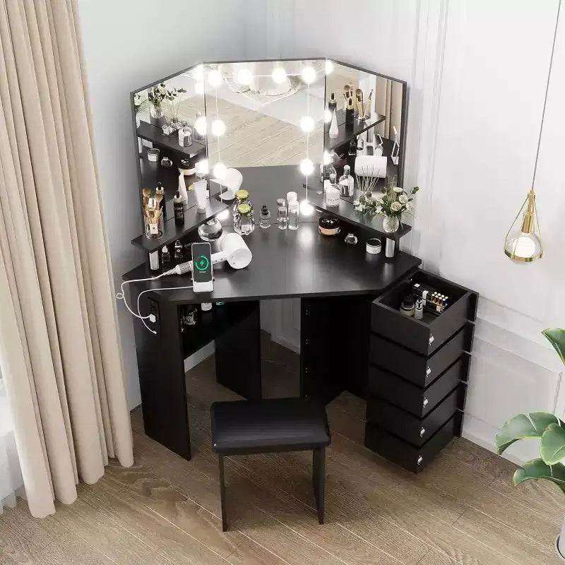 Corner Vanity Desk with Lighted Mirror, Drawers, and Power Outlet