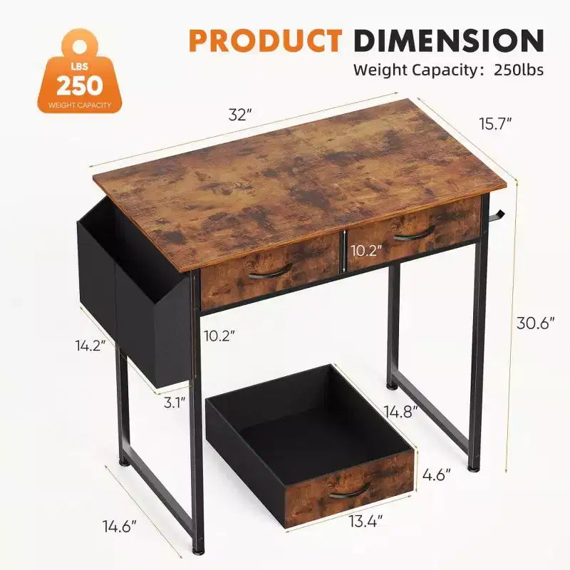 TUYOHW Modern Writing Desk with 2 Drawers &Side Storage Pocket,Computer Desk for Studying,Dressing,and Crafting,30.6 Height