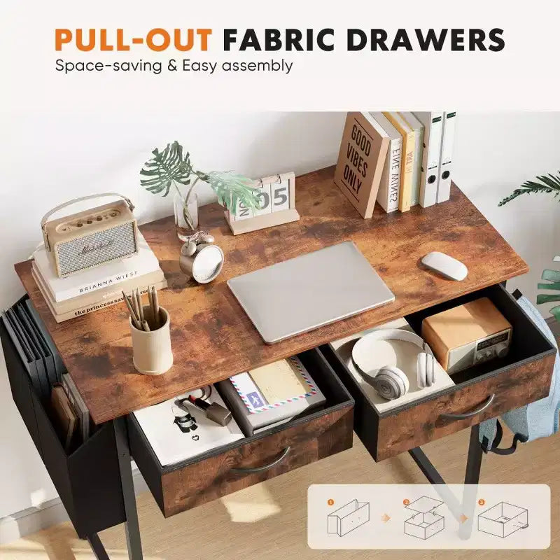 TUYOHW Modern Writing Desk with 2 Drawers &Side Storage Pocket,Computer Desk for Studying,Dressing,and Crafting,30.6 Height